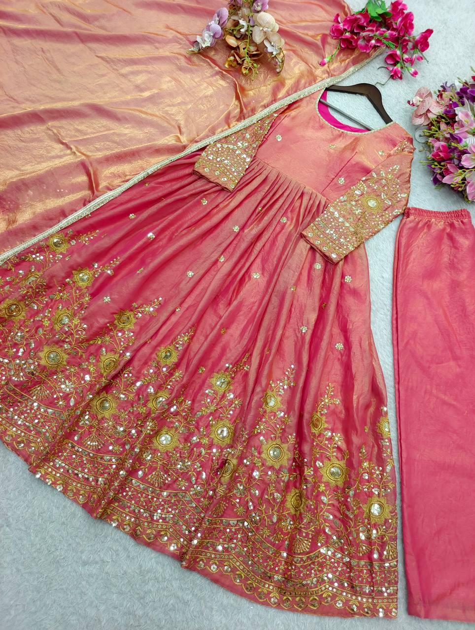 Ziyaara Fendy Satin Silk 5mm Sequins Embroidered Gown with Pant & Dupatta