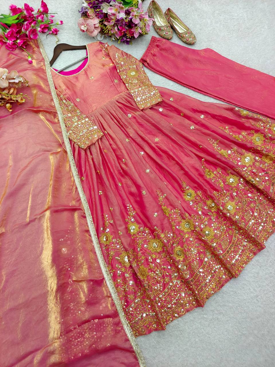 Ziyaara Fendy Satin Silk 5mm Sequins Embroidered Gown with Pant & Dupatta