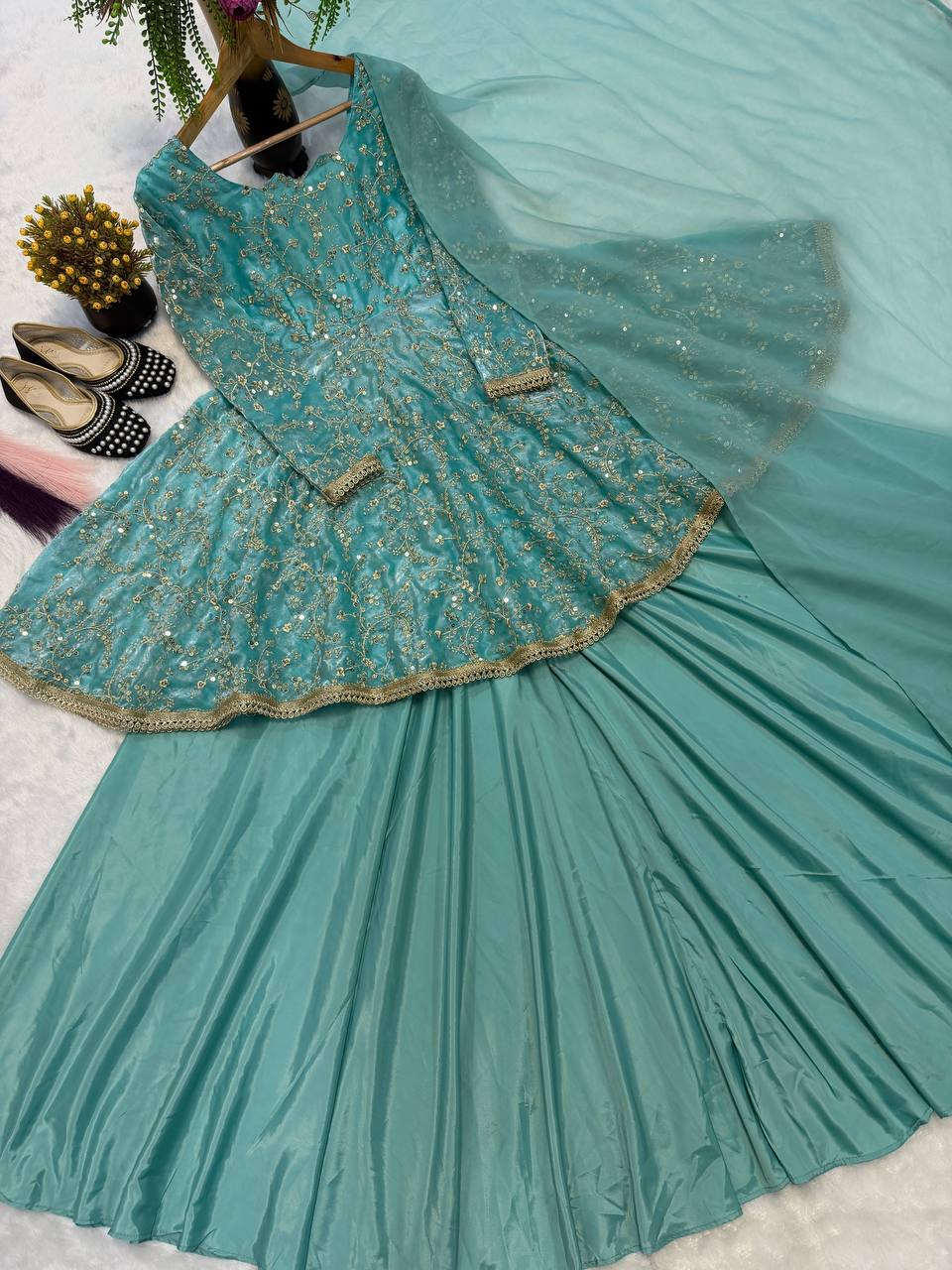 Nayara Fandy Silk 5mm Sequins Embroidered Kediyu Lehenga with Dupatta