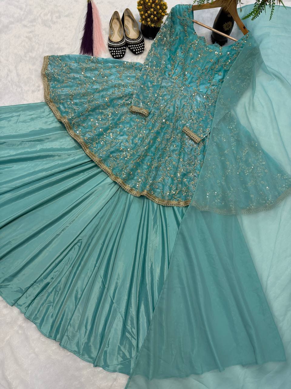 Nayara Fandy Silk 5mm Sequins Embroidered Kediyu Lehenga with Dupatta