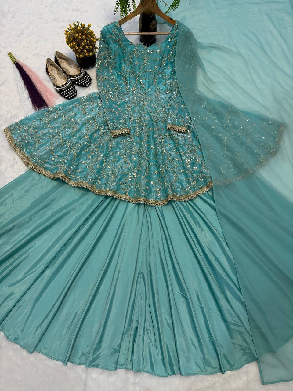 Nayara Fandy Silk 5mm Sequins Embroidered Kediyu Lehenga with Dupatta
