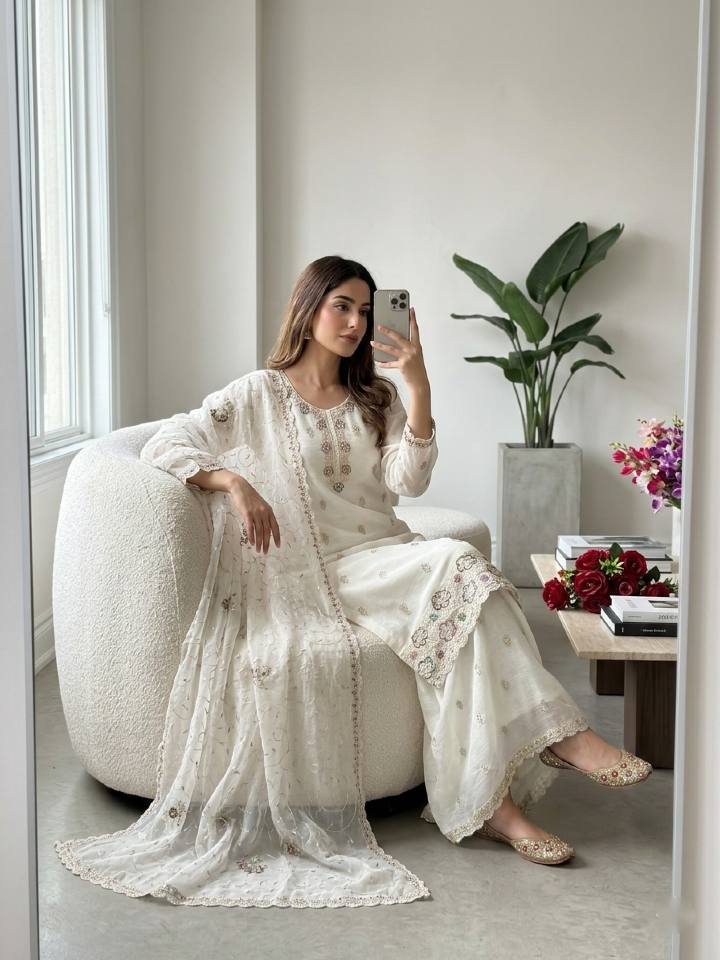 Elora Crunchy Silk Thread & Sequins Embroidered Palazzo Suit with Dupatta