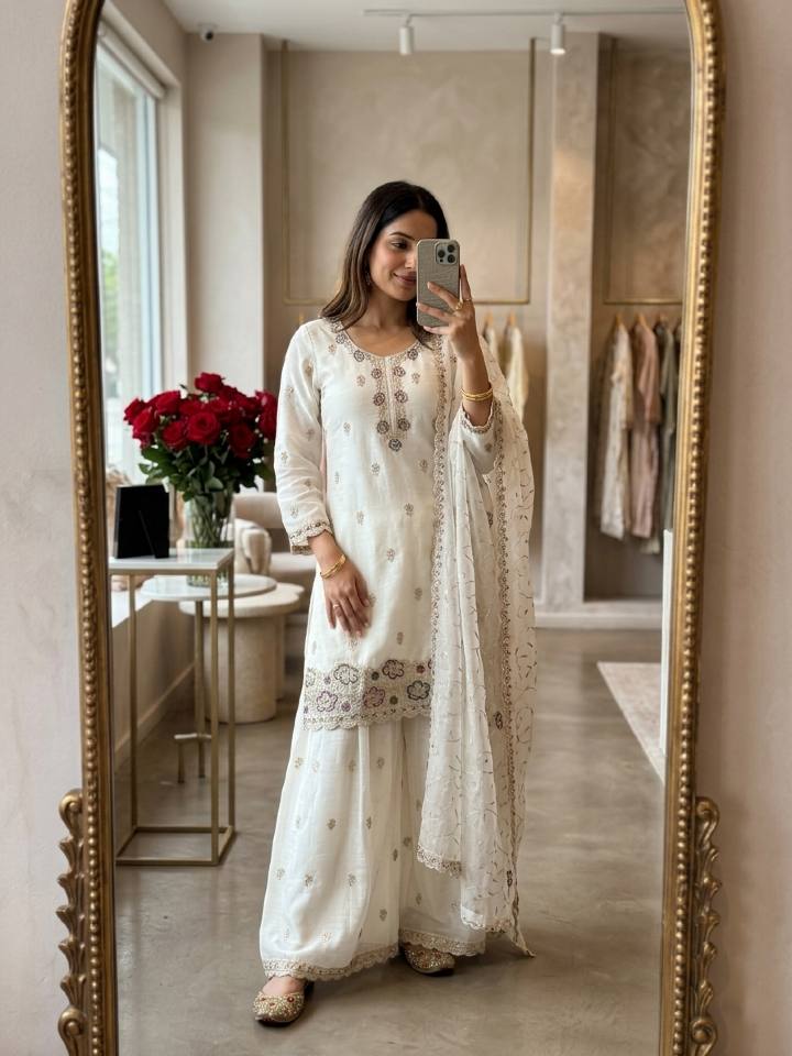 Elora Crunchy Silk Thread & Sequins Embroidered Palazzo Suit with Dupatta