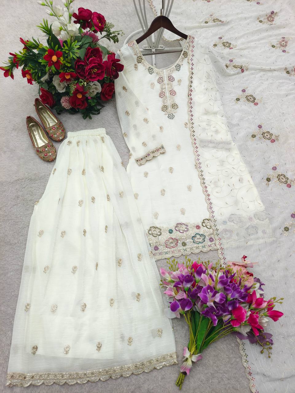 Elora Crunchy Silk Thread & Sequins Embroidered Palazzo Suit with Dupatta