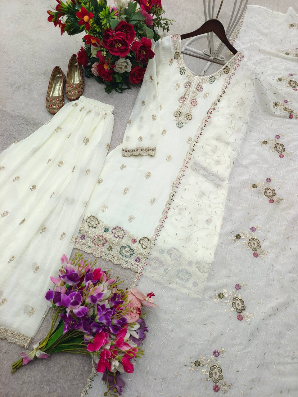 Elora Crunchy Silk Thread & Sequins Embroidered Palazzo Suit with Dupatta