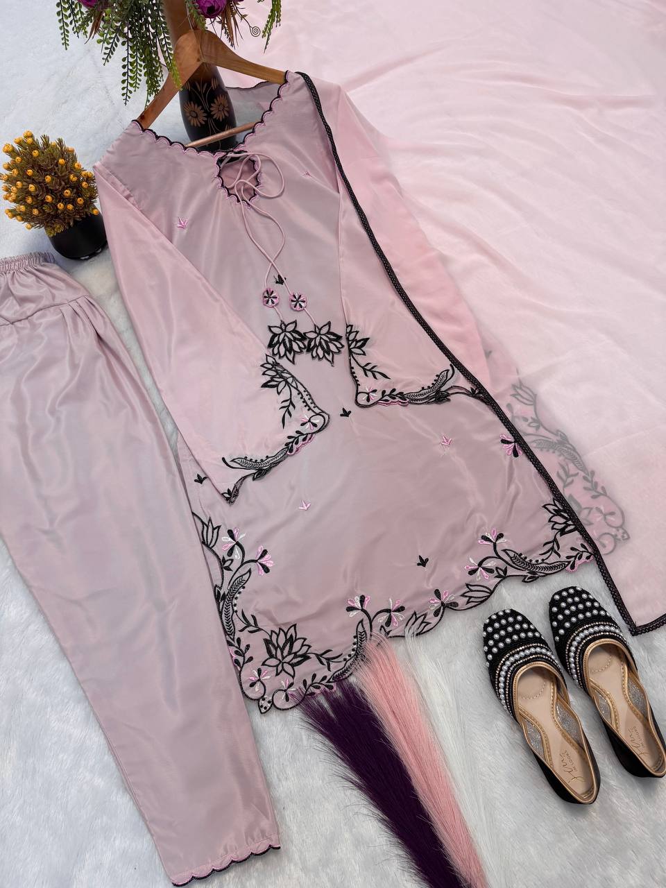 Vanya Natural Crepe Silk Multi Cotton Dagha Embroidered Farshi Pant Suit with Dupatta