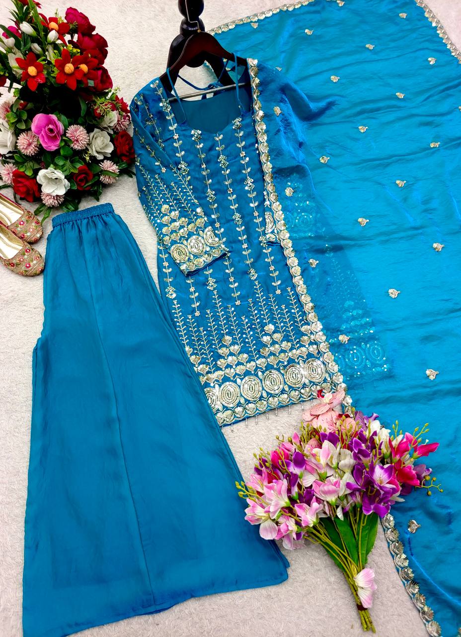 Kiara Fendy Satin Silk 5mm Sequins Embroidered Palazzo Suit with Dupatta