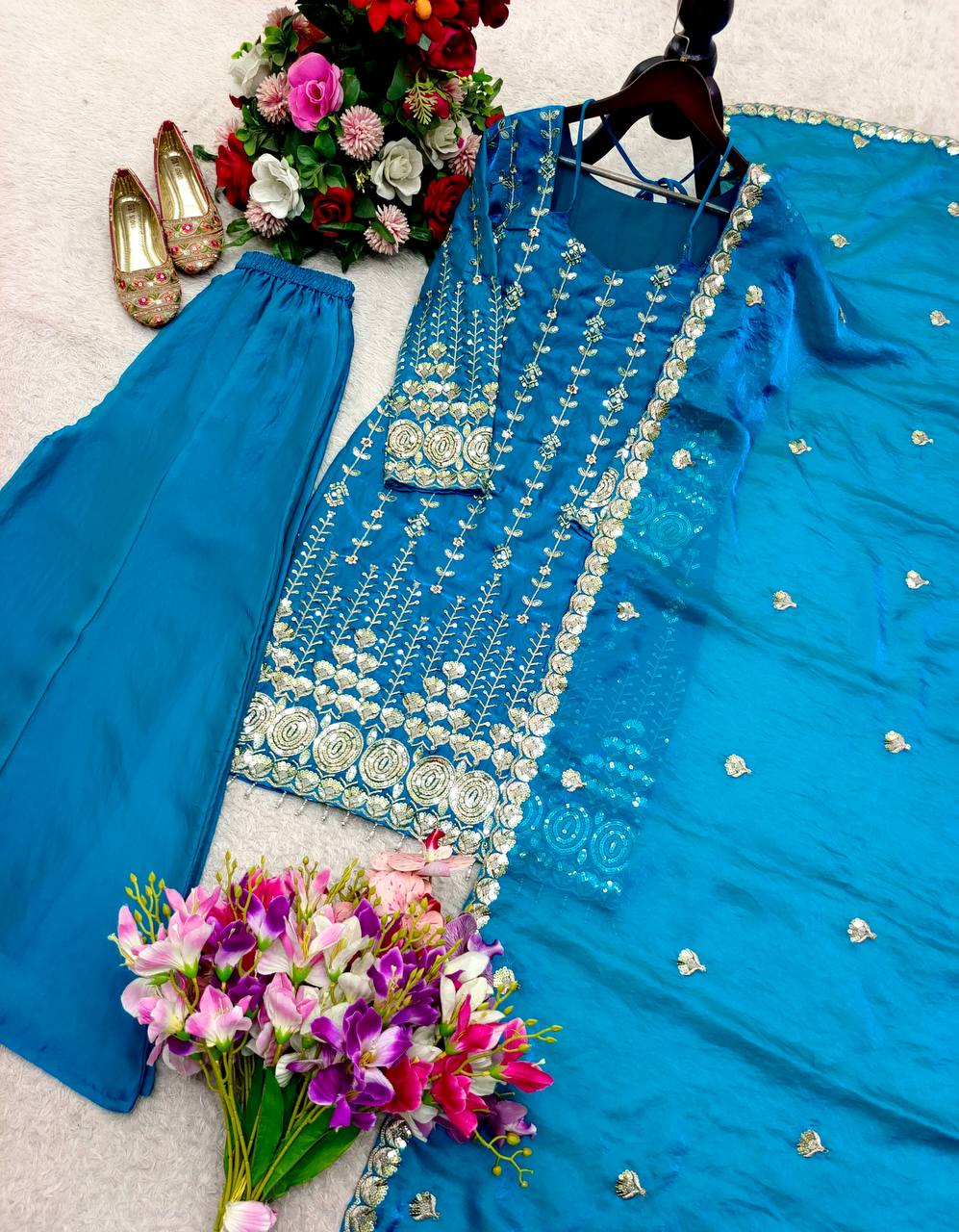 Kiara Fendy Satin Silk 5mm Sequins Embroidered Palazzo Suit with Dupatta