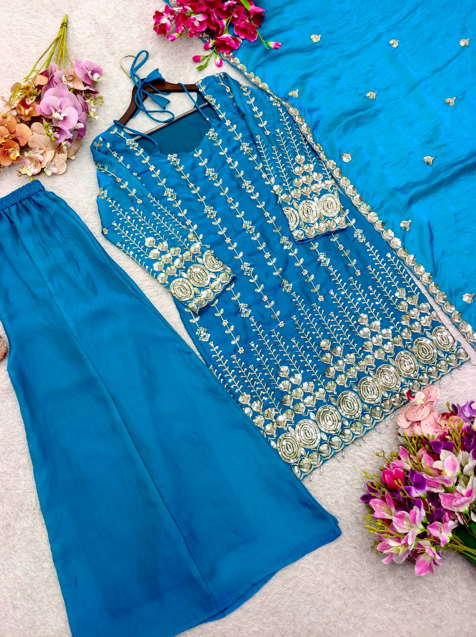 Kiara Fendy Satin Silk 5mm Sequins Embroidered Palazzo Suit with Dupatta