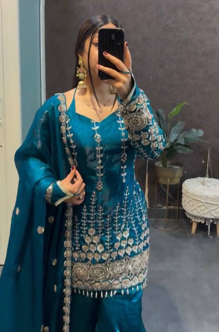 Kiara Fendy Satin Silk 5mm Sequins Embroidered Palazzo Suit with Dupatta