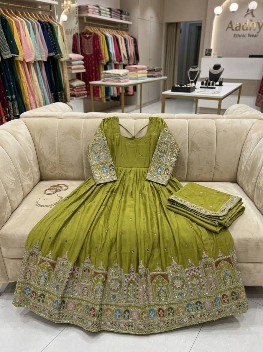 Anvika Chinon Silk Heavy Coding Dori & Sequins Embroidered Gown with Pant & Dupatta