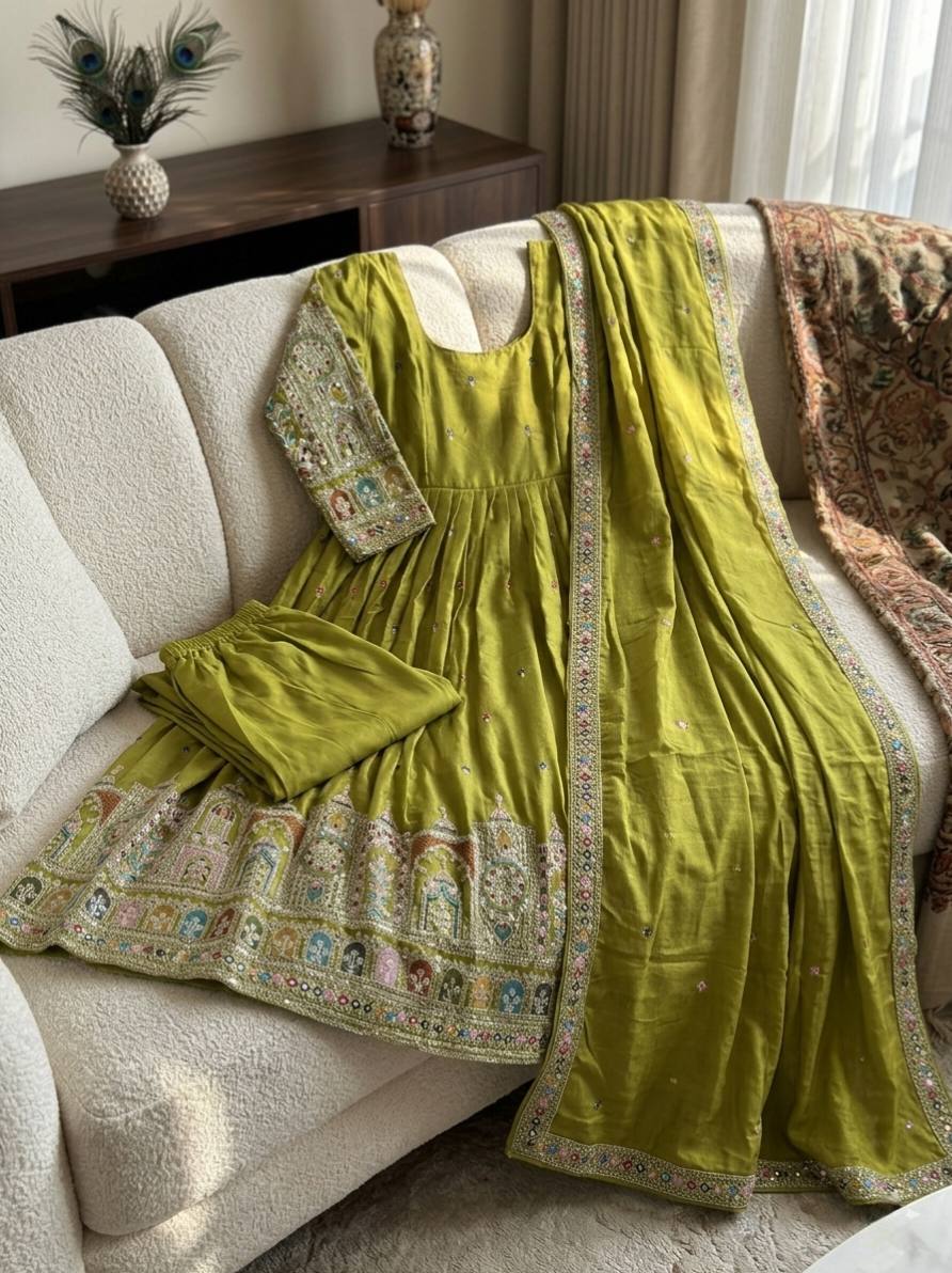 Anvika Chinon Silk Heavy Coding Dori & Sequins Embroidered Gown with Pant & Dupatta