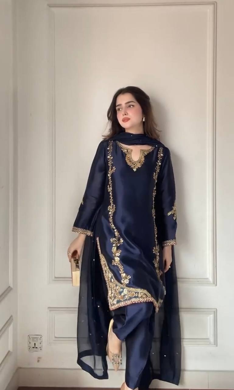 Aarohi Natural Crepe Silk Moti Hand Work Embroidered Farshi Salwar Suit with Organza Dupatta