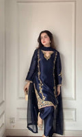 Aarohi Natural Crepe Silk Moti Hand Work Embroidered Farshi Salwar Suit with Organza Dupatta