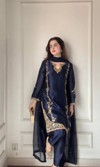 Aarohi Natural Crepe Silk Moti Hand Work Embroidered Farshi Salwar Suit with Organza Dupatta