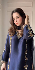 Aarohi Natural Crepe Silk Moti Hand Work Embroidered Farshi Salwar Suit with Organza Dupatta