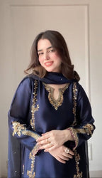 Aarohi Natural Crepe Silk Moti Hand Work Embroidered Farshi Salwar Suit with Organza Dupatta