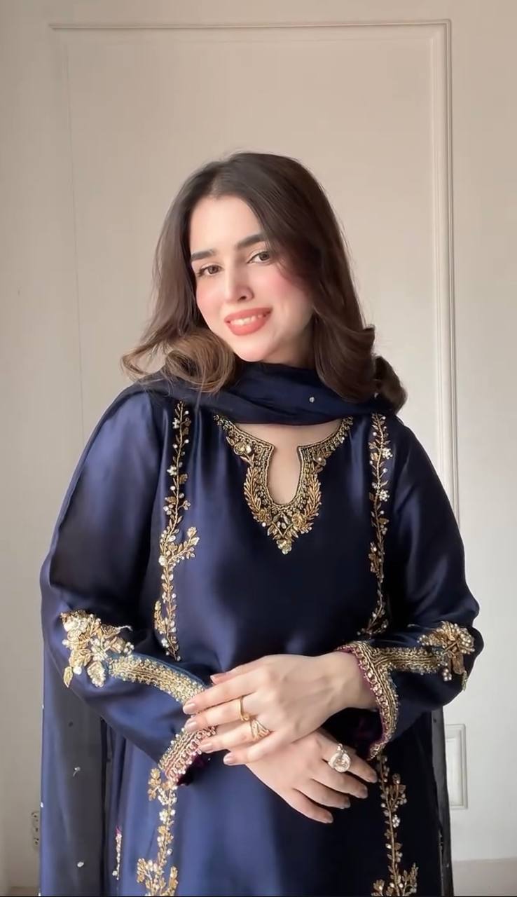 Aarohi Natural Crepe Silk Moti Hand Work Embroidered Farshi Salwar Suit with Organza Dupatta