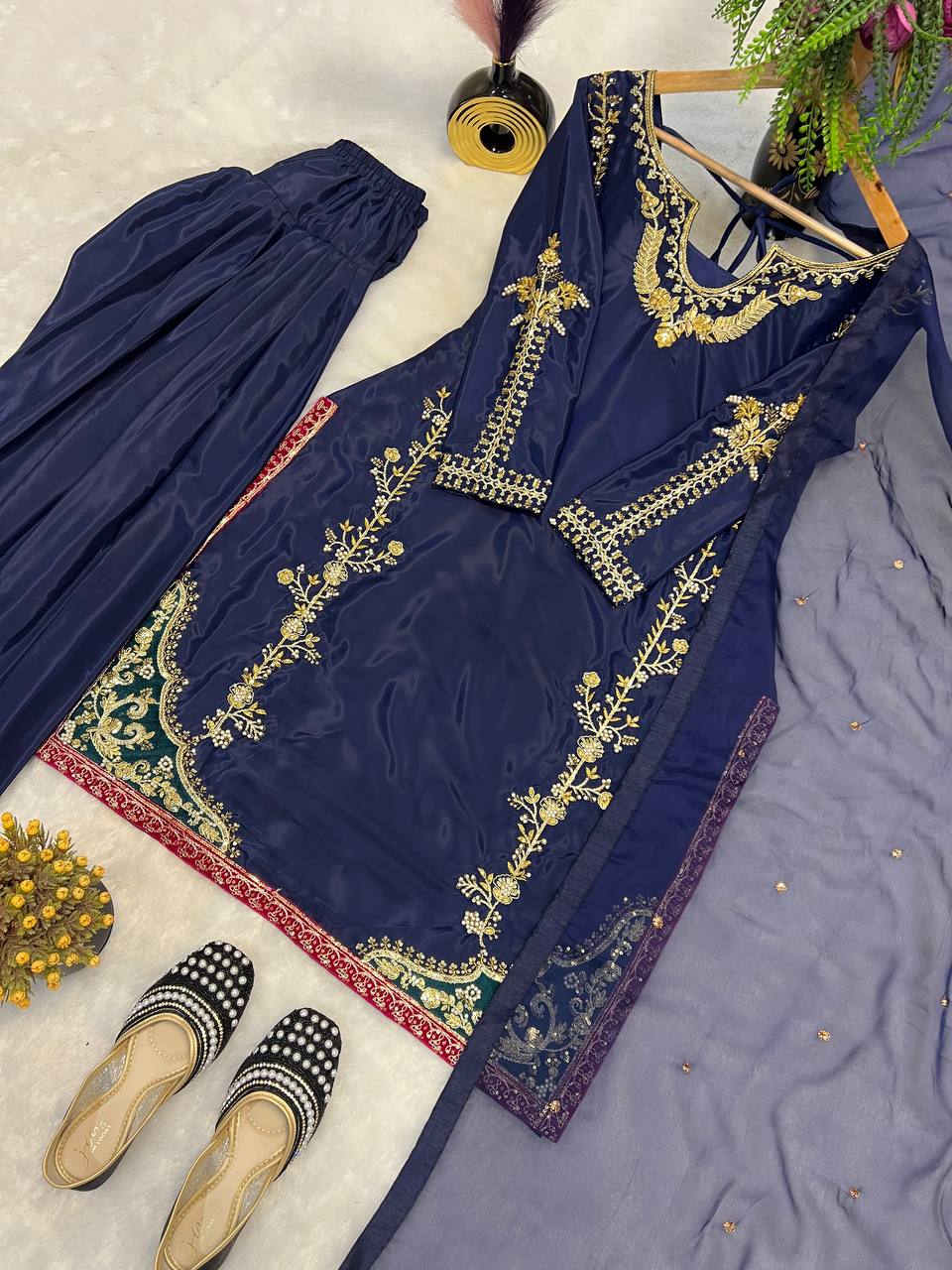 Aarohi Natural Crepe Silk Moti Hand Work Embroidered Farshi Salwar Suit with Organza Dupatta