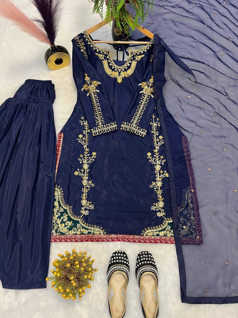 Aarohi Natural Crepe Silk Moti Hand Work Embroidered Farshi Salwar Suit with Organza Dupatta