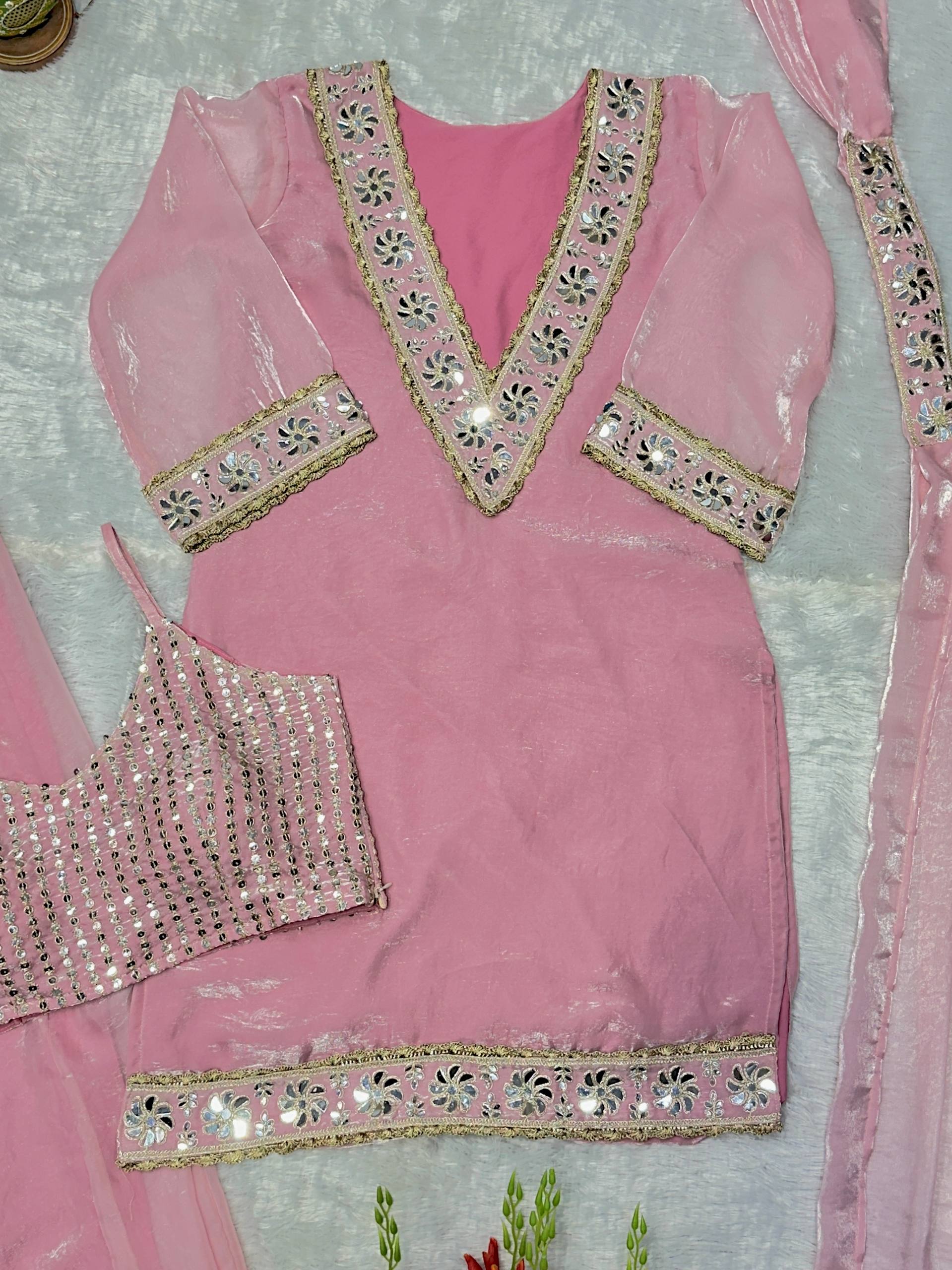 Sitara Frendy Silk Mirror Work Kurti Plazzo Set with Embroidered Dupatta for Festive Wear