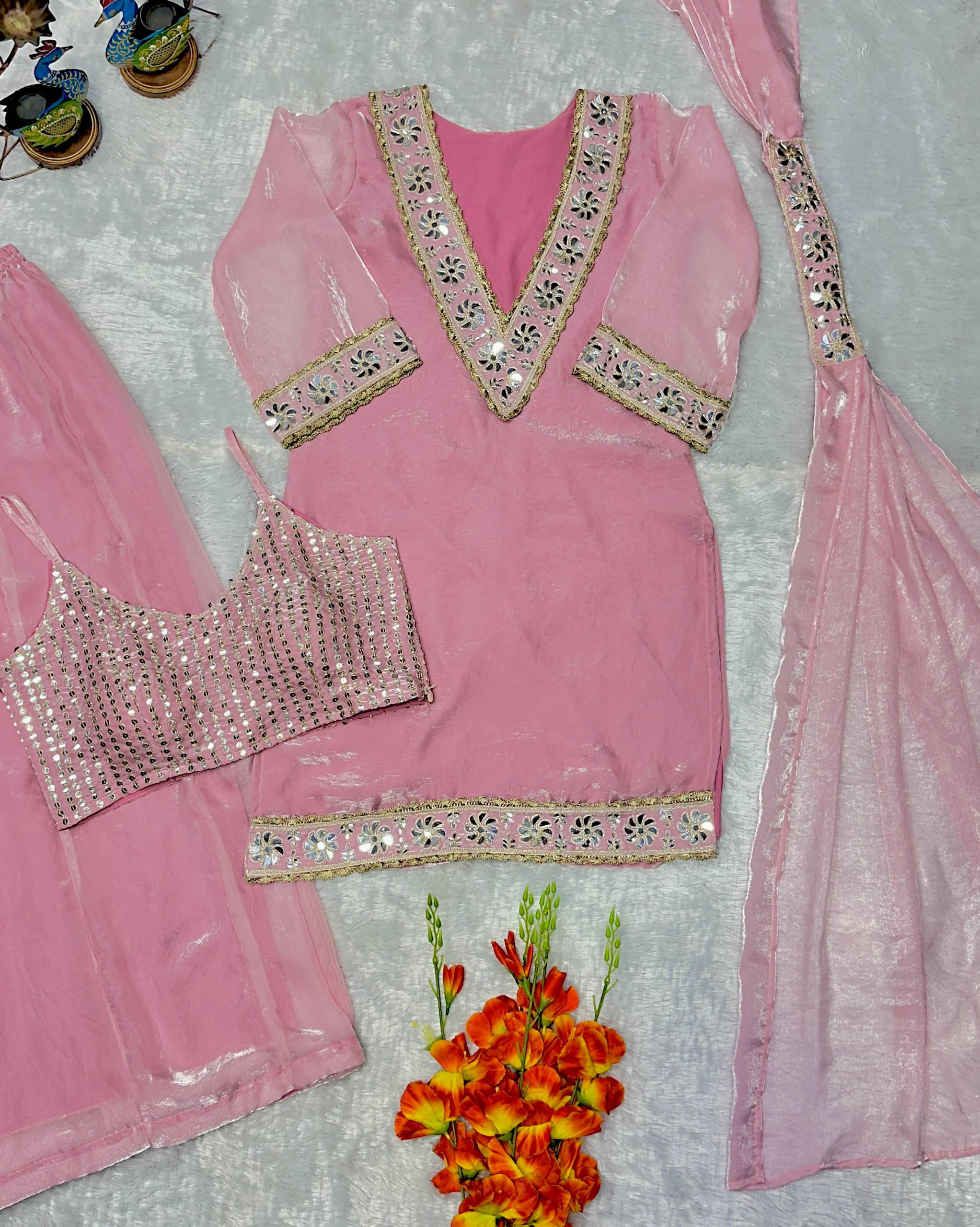 Sitara Frendy Silk Mirror Work Kurti Plazzo Set with Embroidered Dupatta for Festive Wear