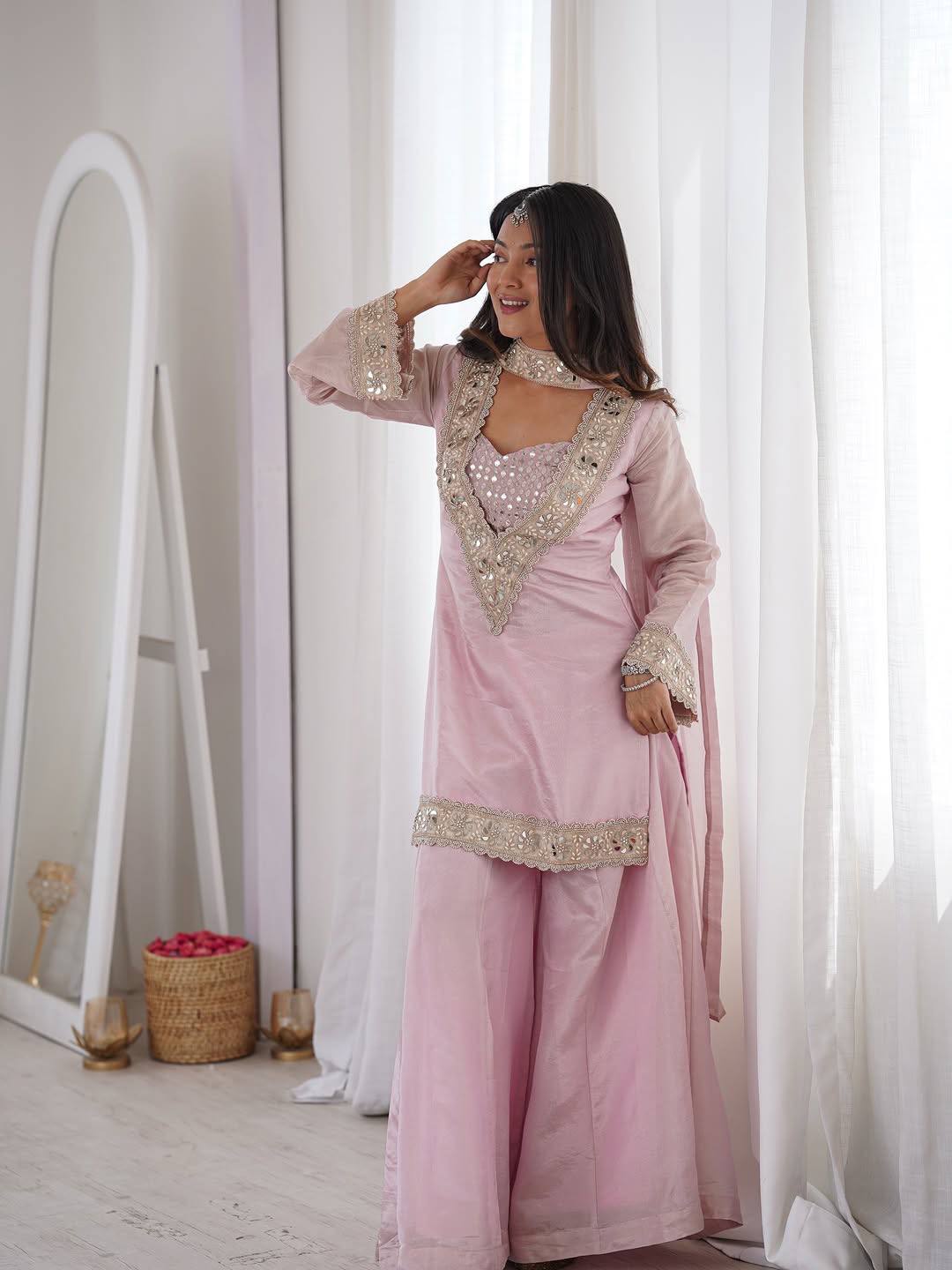 Sitara Frendy Silk Mirror Work Kurti Plazzo Set with Embroidered Dupatta for Festive Wear