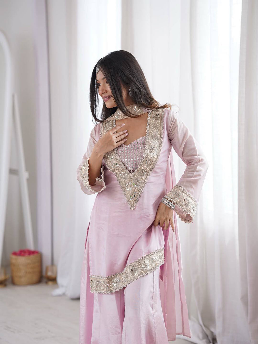 Sitara Frendy Silk Mirror Work Kurti Plazzo Set with Embroidered Dupatta for Festive Wear