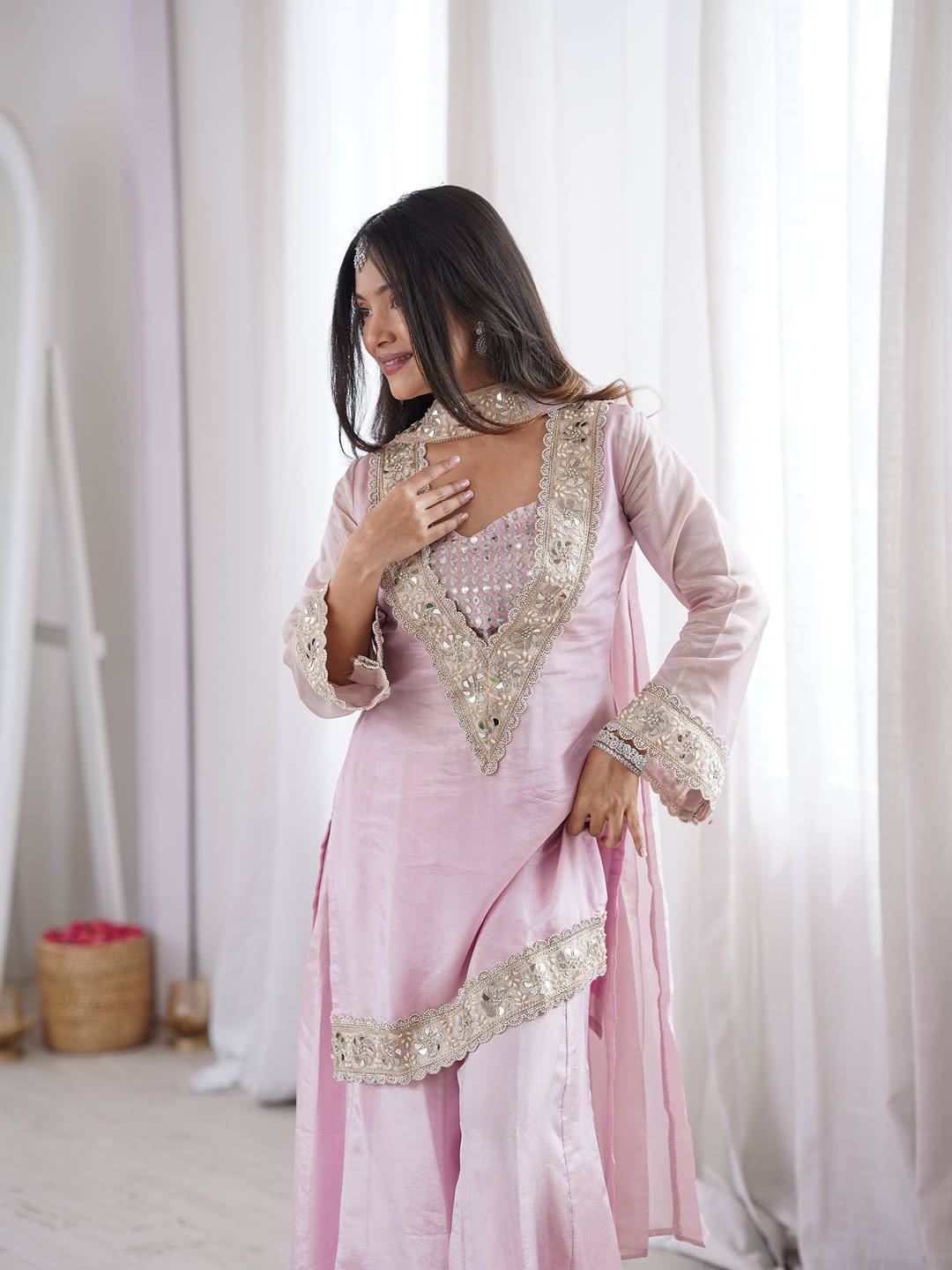 Sitara Frendy Silk Mirror Work Kurti Plazzo Set with Embroidered Dupatta for Festive Wear