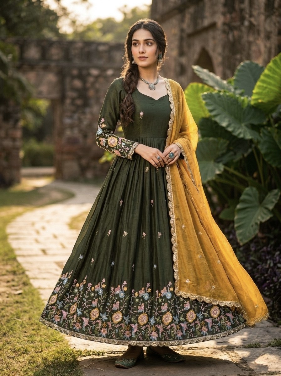 Designer Fendi Silk Gown with Zari Thread & Sequin Work