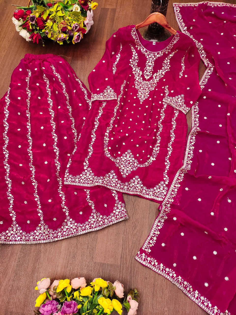 Aarohi Hot Pink Fendy Silk Sequins Embroidered Kurti Sharara Set with Dupatta