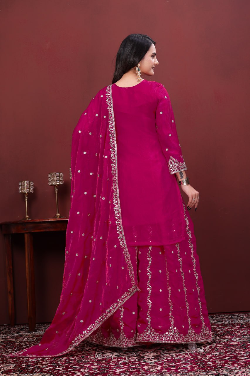 Aarohi Hot Pink Fendy Silk Sequins Embroidered Kurti Sharara Set with Dupatta