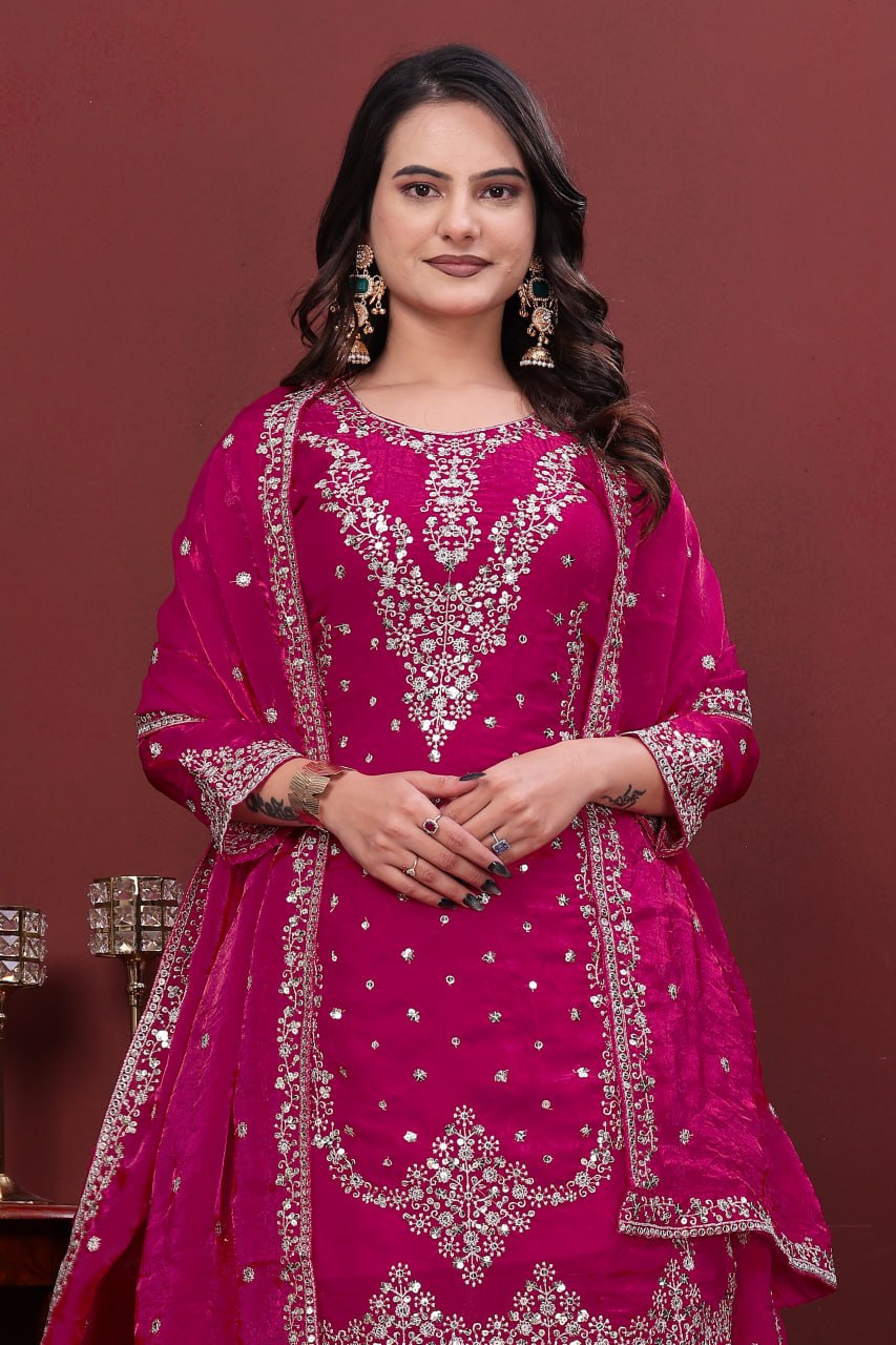 Aarohi Hot Pink Fendy Silk Sequins Embroidered Kurti Sharara Set with Dupatta