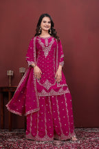 Aarohi Hot Pink Fendy Silk Sequins Embroidered Kurti Sharara Set with Dupatta