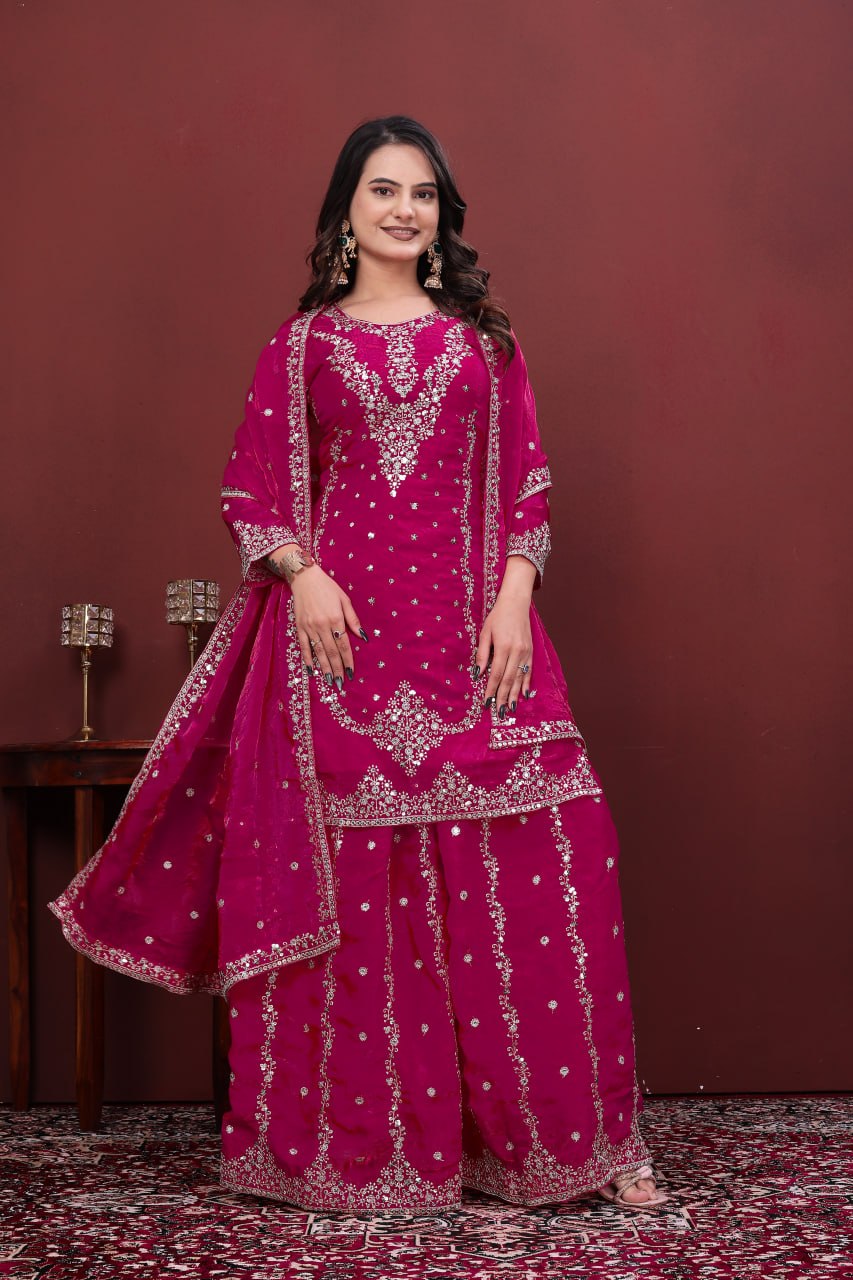 Aarohi Hot Pink Fendy Silk Sequins Embroidered Kurti Sharara Set with Dupatta