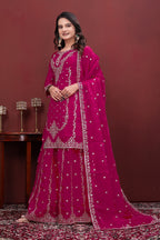 Aarohi Hot Pink Fendy Silk Sequins Embroidered Kurti Sharara Set with Dupatta