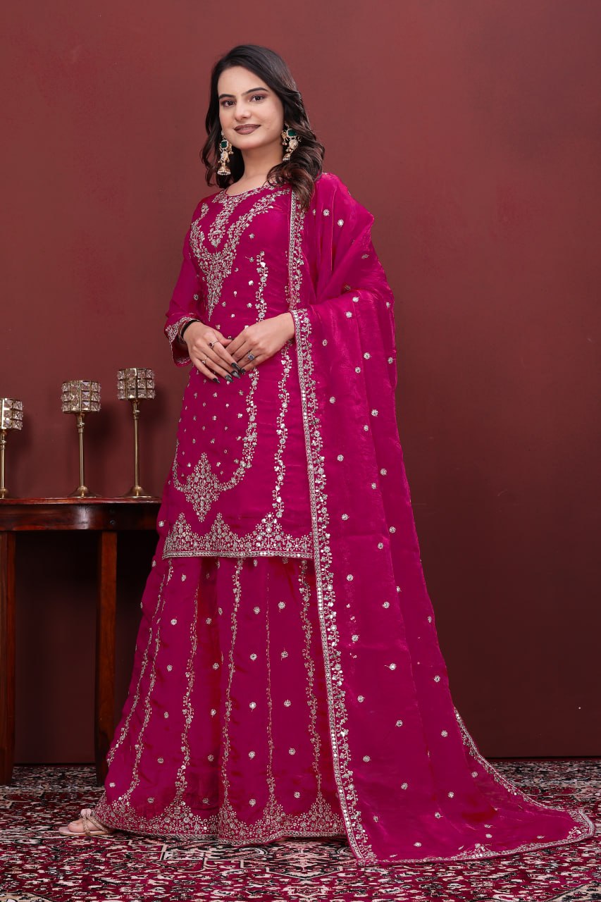 Aarohi Hot Pink Fendy Silk Sequins Embroidered Kurti Sharara Set with Dupatta