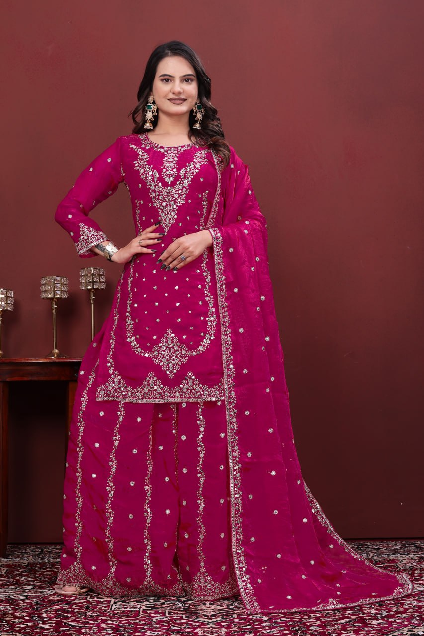 Aarohi Hot Pink Fendy Silk Sequins Embroidered Kurti Sharara Set with Dupatta
