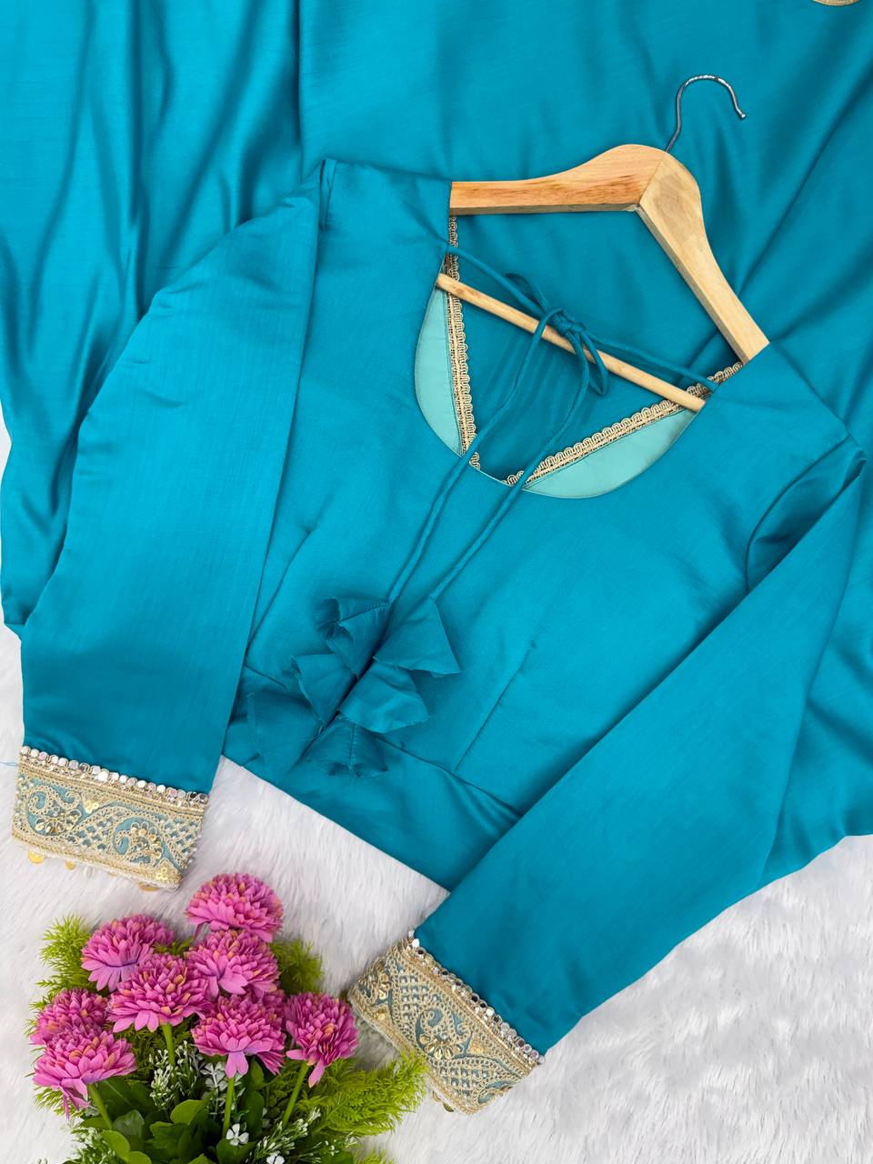 Varnik Beautiful Roman Silk Embroidered Gown with Pant & Golden Lace Dupatta