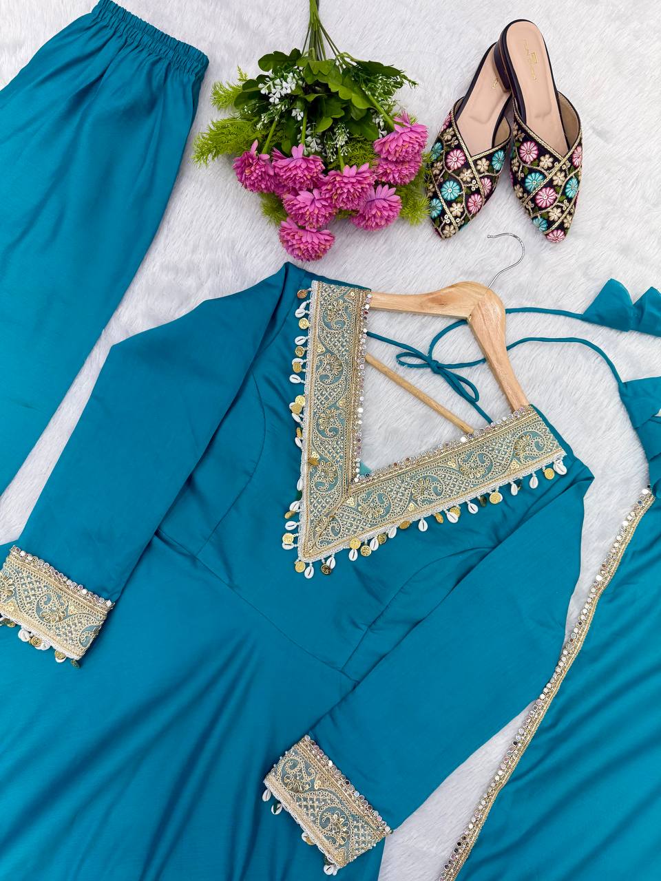 Varnik Beautiful Roman Silk Embroidered Gown with Pant & Golden Lace Dupatta