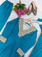 Varnik Beautiful Roman Silk Embroidered Gown with Pant & Golden Lace Dupatta