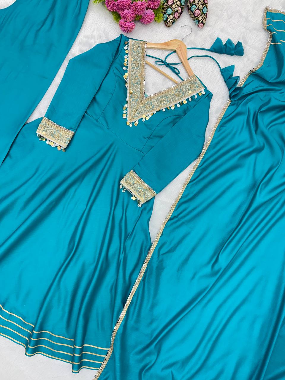 Varnik Beautiful Roman Silk Embroidered Gown with Pant & Golden Lace Dupatta