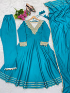 Varnik Beautiful Roman Silk Embroidered Gown with Pant & Golden Lace Dupatta