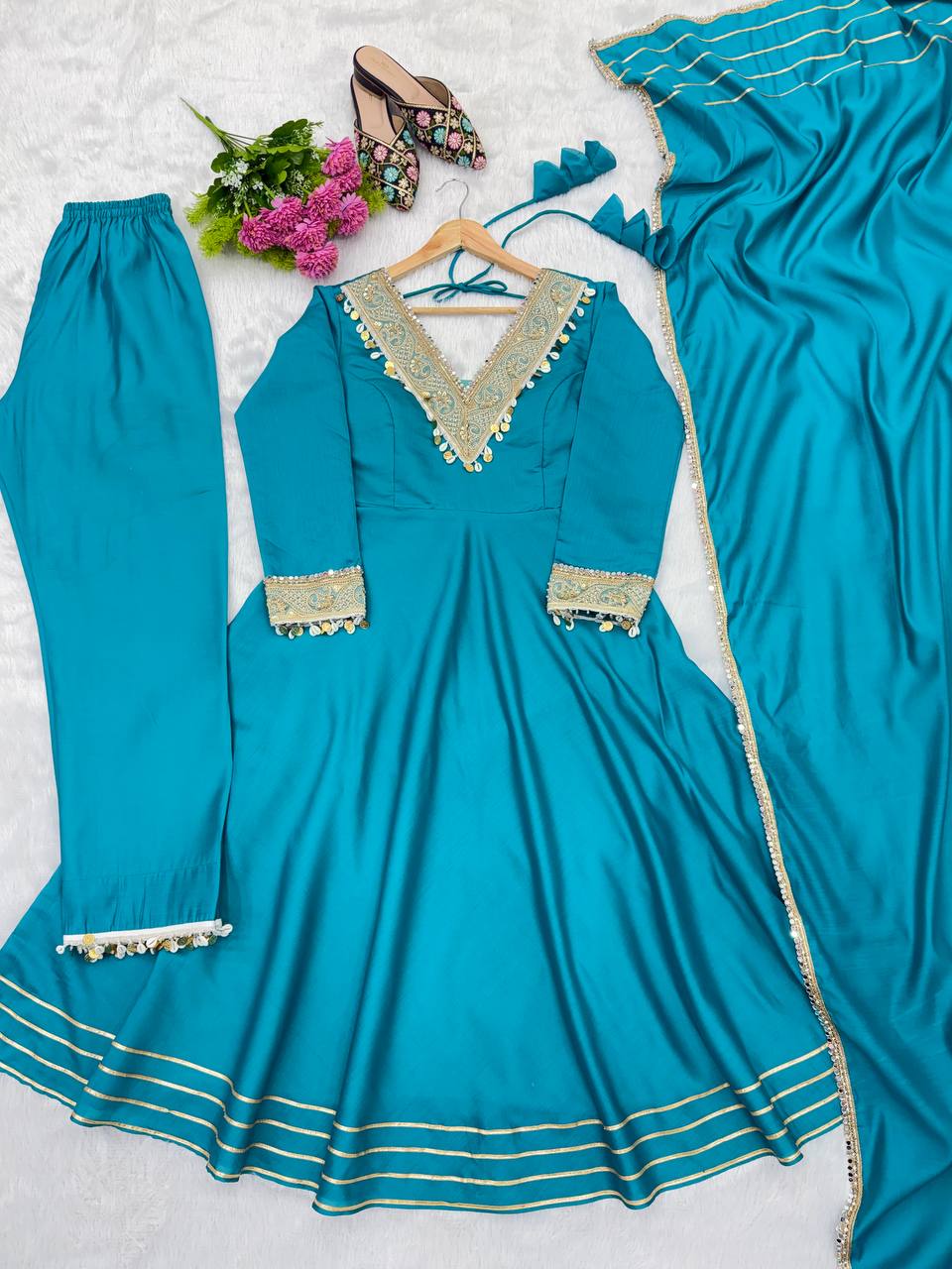 Varnik Beautiful Roman Silk Embroidered Gown with Pant & Golden Lace Dupatta