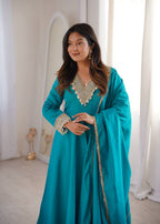 Varnik Beautiful Roman Silk Embroidered Gown with Pant & Golden Lace Dupatta