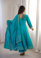 Varnik Beautiful Roman Silk Embroidered Gown with Pant & Golden Lace Dupatta