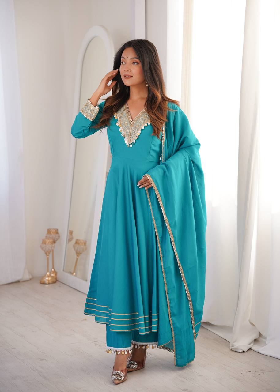 Varnik Beautiful Roman Silk Embroidered Gown with Pant & Golden Lace Dupatta