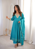 Varnik Beautiful Roman Silk Embroidered Gown with Pant & Golden Lace Dupatta