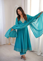 Varnik Beautiful Roman Silk Embroidered Gown with Pant & Golden Lace Dupatta