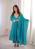 Varnik Beautiful Roman Silk Embroidered Gown with Pant & Golden Lace Dupatta